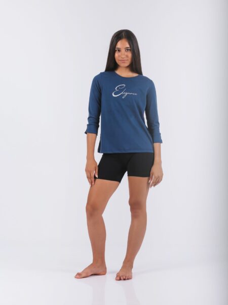 Ženska majica 1075-1, teget plava boja, dugi rukav sa natpisom 'Elegance', 95% pamuk