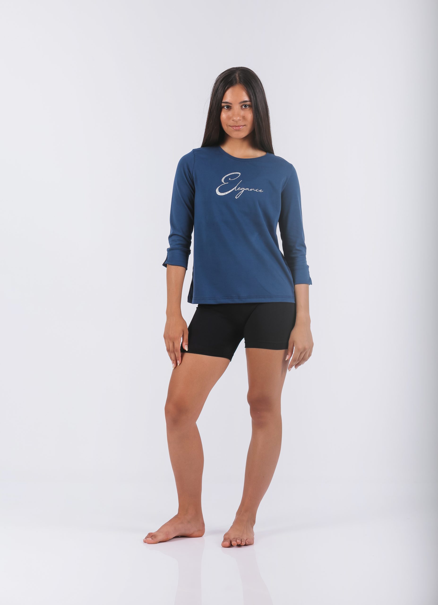 Ženska majica 1075-1, teget plava boja, dugi rukav sa natpisom 'Elegance', 95% pamuk