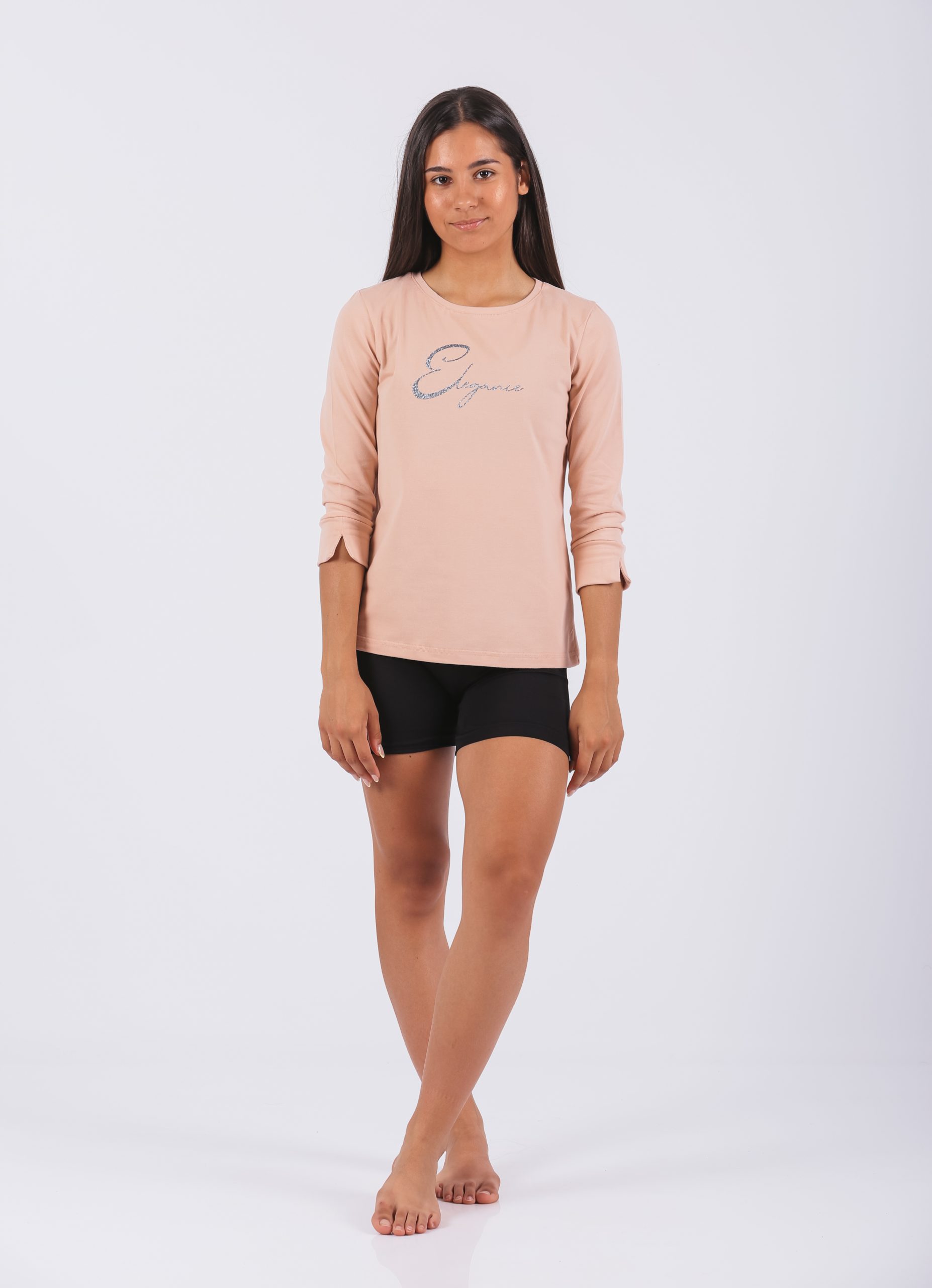 Ženska majica 1075-4, svetlo bež/ružičasta boja, dugi rukav sa natpisom 'Elegance', 95% pamuk