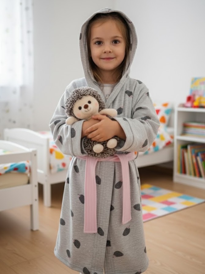 Dečiji bade mantil za devojčice, svetlosiva boja sa ježićima, roze pojas, 100% pamuk