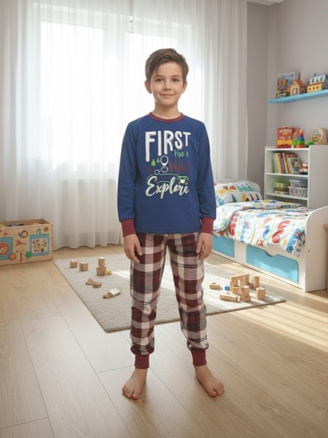 Dečija muška pidžama sa printom „Find & Explore“, karirane pantalone, 100% pamuk, veličine 2–14