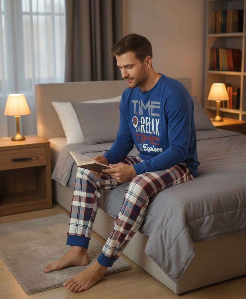 Muška pidžama plava sa printom „Time to Explore“, karirane pantalone, 100% pamuk, veličine M–XXL